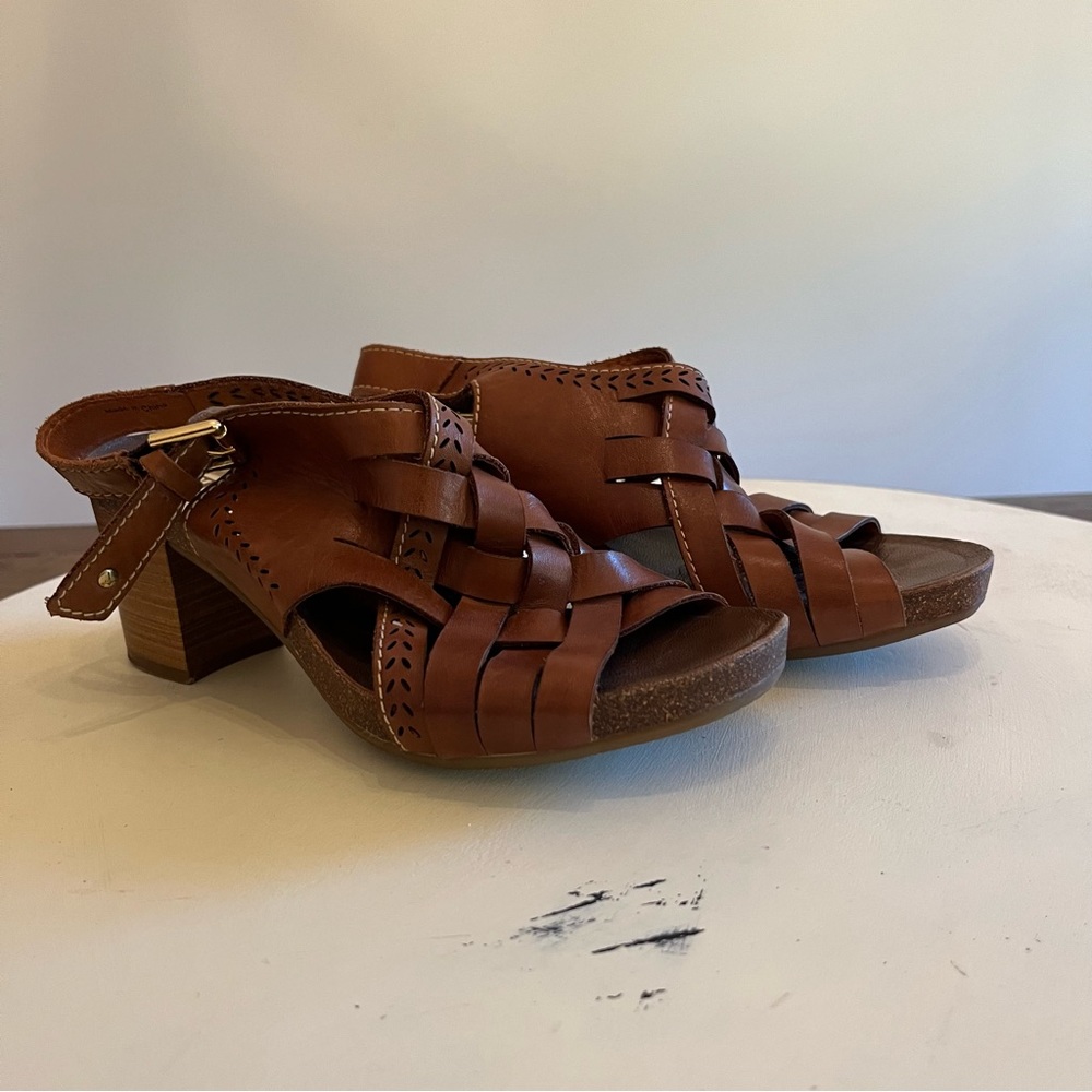 Pikolinos Brown Stacked Heel Woven Criss Cross Back Strap Sandal